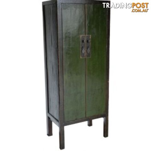 Green Chinese Cabinet with Black Frame Wooden Slim Cabinet