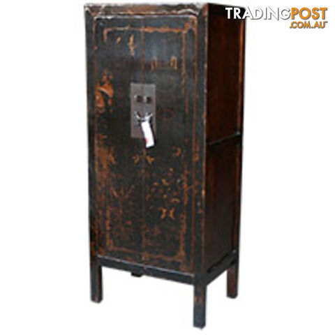 Chinese Antique Original Black Wooden Cabinet Gold Painted Slim