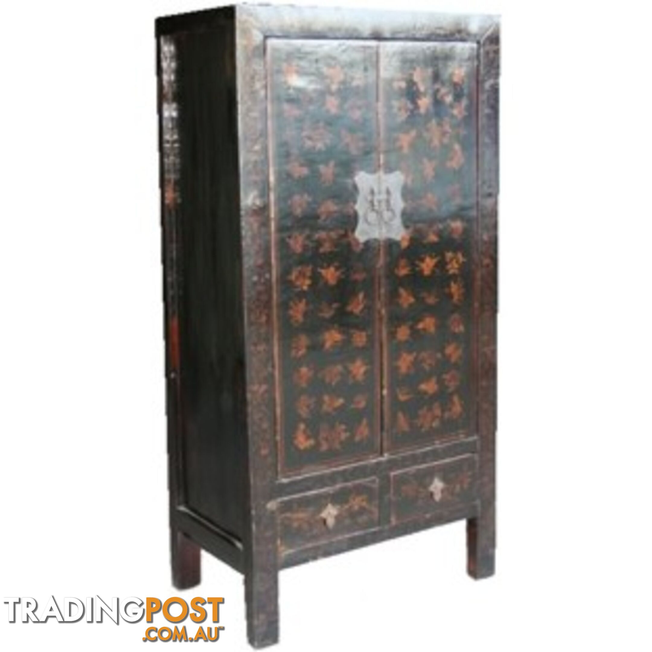 Gold Butterflies Painted Black Chinese Cabinet