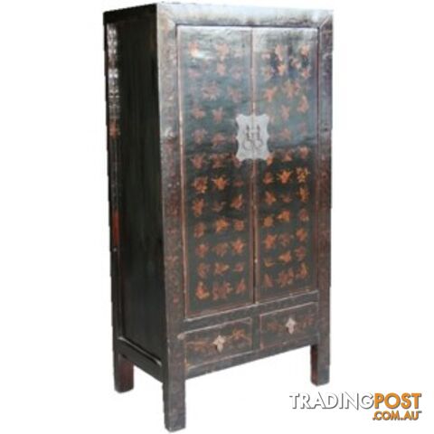 Gold Butterflies Painted Black Chinese Cabinet