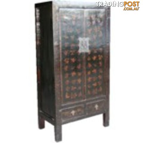 Gold Butterflies Painted Black Chinese Cabinet