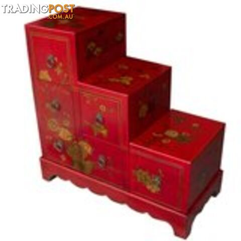 Red Japanese Style 6 Drawer Oriental Painted Step Chest