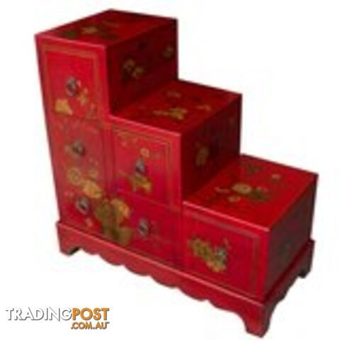 Red Japanese Style 6 Drawer Oriental Painted Step Chest