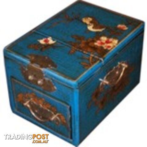 Blue Jewellery Box with Stand-Up Mirror - Bird 1 Drawer