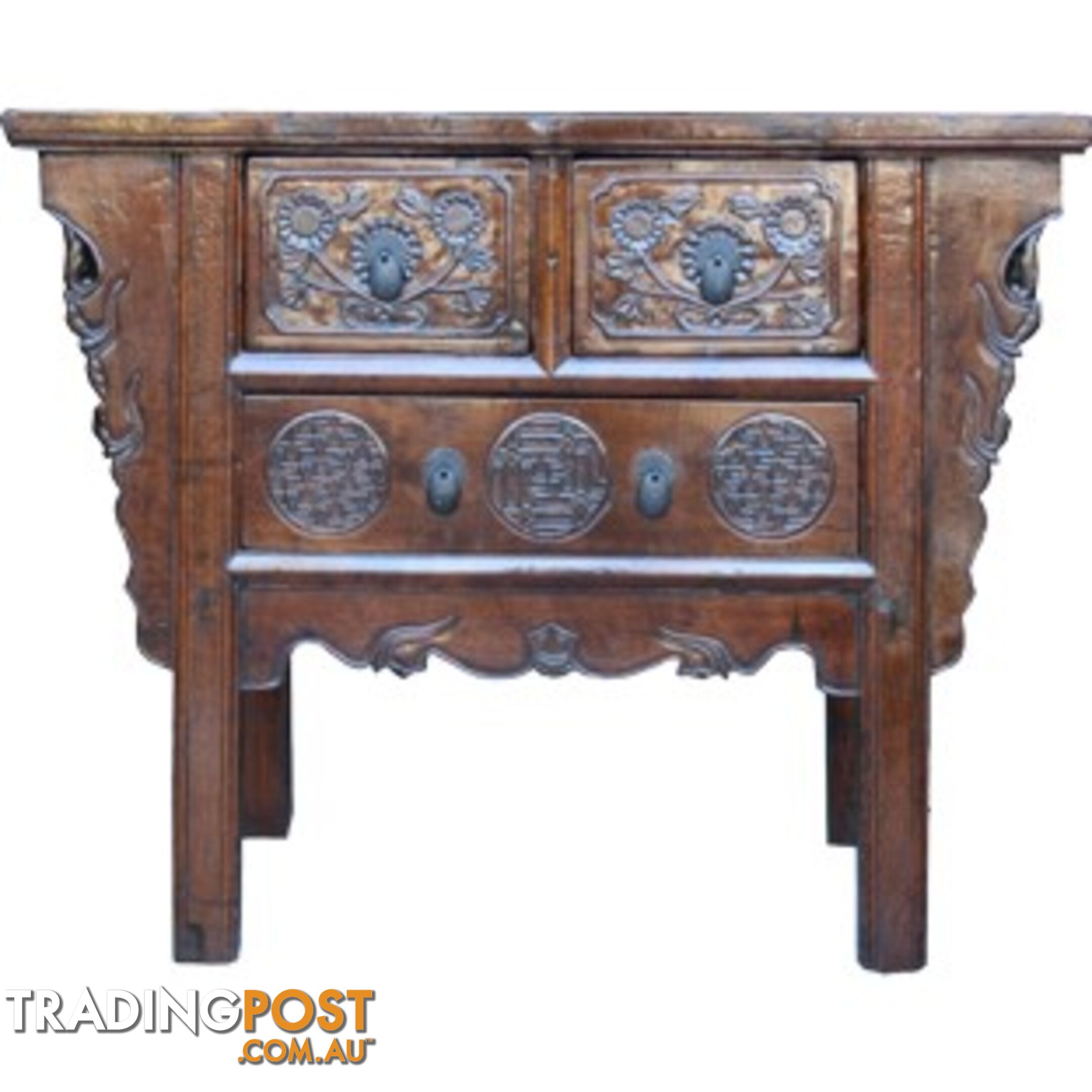 Natural Elm Carved Three-Drawer Chinese Altar Table