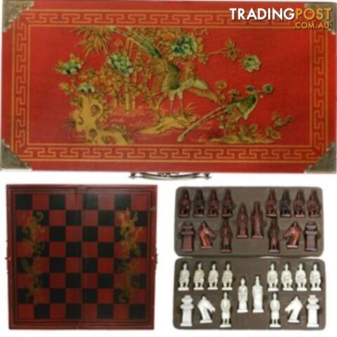 Chess Set in Oriental Style Red Painted Case