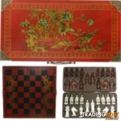 Chess Set in Oriental Style Red Painted Case