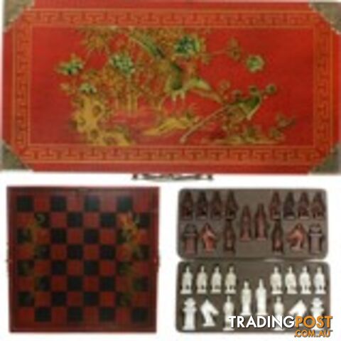 Chess Set in Oriental Style Red Painted Case