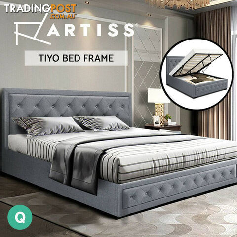 Artiss Tiyo Bed Frame Fabric Gas Lift Storage - Grey Queen
