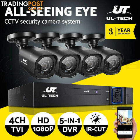 UL-TECH 4CH 5 IN 1 DVR CCTV Security System Video Recorder 4 Cameras 1080P HDMI Black