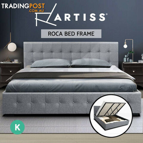 Artiss Tiyo Bed Frame Fabric Gas Lift Storage - Grey King