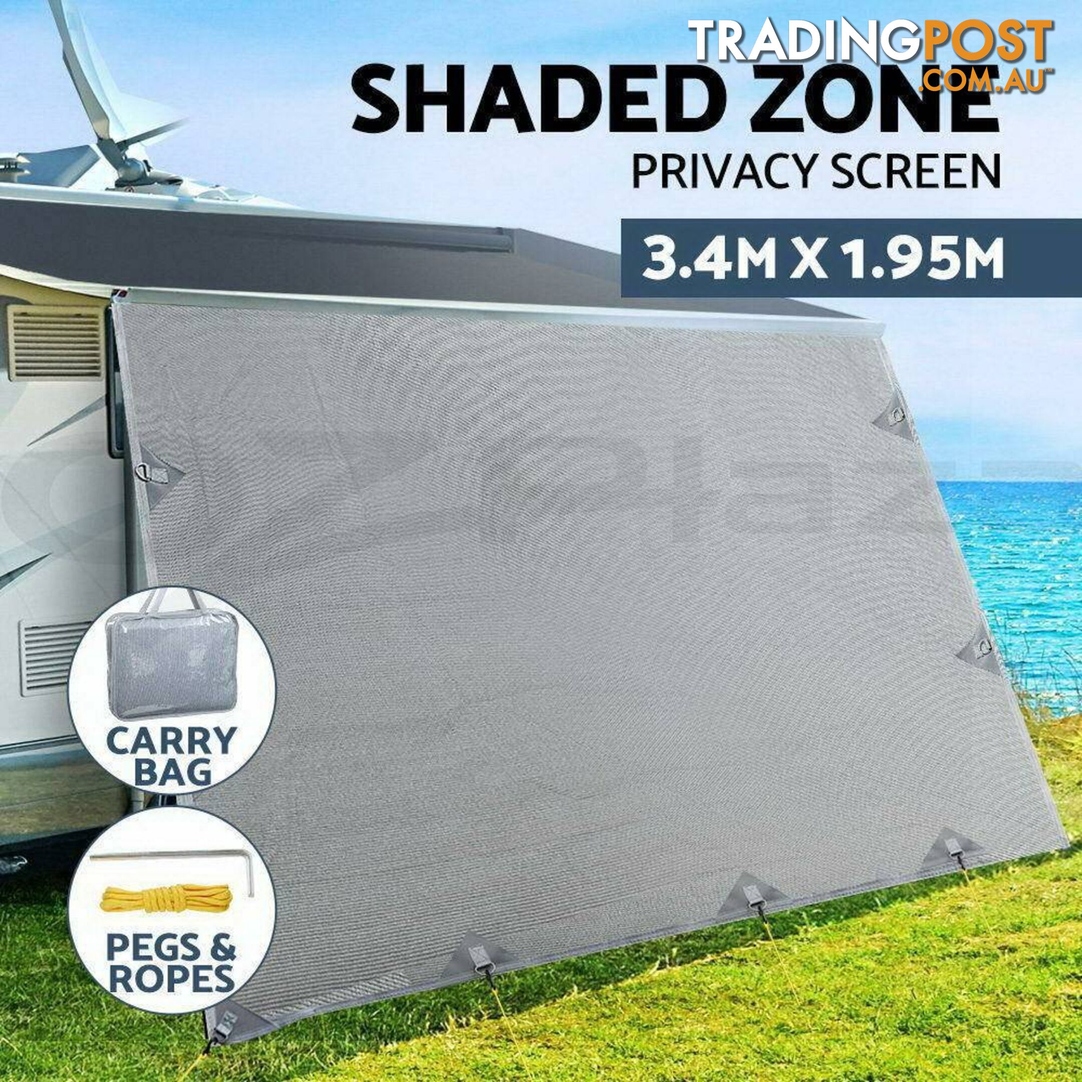 3.4M Caravan Privacy Screens 1.95m Roll Out Awning End Wall Side Sun Shade
