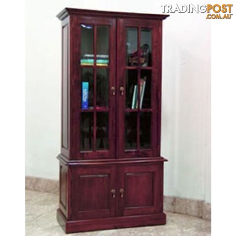 Solid Mahogany Wood Bookcase with Glass Doors and Cupboard