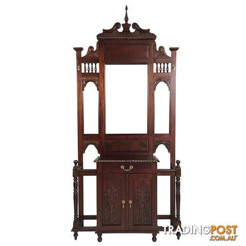 Solid Mahogany Wood Large Hall Stand with Cupboard & Drawer