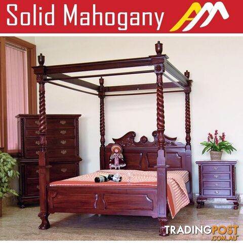 Solid Mahogany Wood Chippendale 4 Poster Bed Queen / King size
