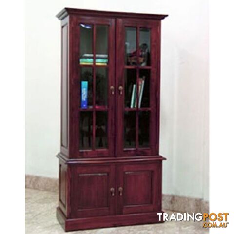 Solid Mahogany Wood Bookcase with Glass Doors and Cupboard