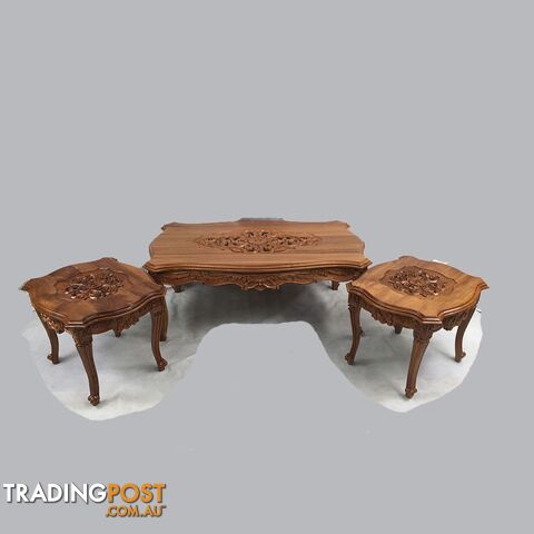 Solid Teak Wood Hand Carved Coffee Table Set Antique Reproduction Louis Style
