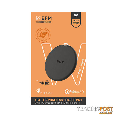 EFM Leather Wireless Charge Pad 15W Qi WPC Certified with USB Wall Adapter - Black