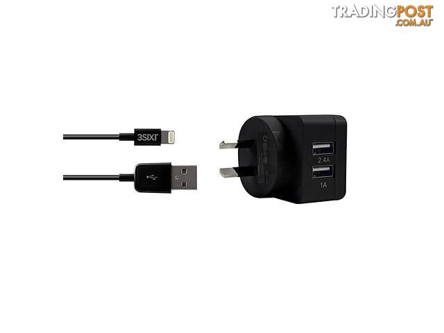 3SIXT Dual USB AC Charger 3.4A - Lightning - Black