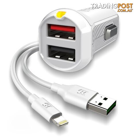 EFM Car Charger 3.4A Dual USB With MFi Lightning Cable - White
