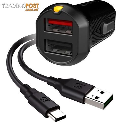EFM Car Charger 3.4A Dual USB Rapid Charge W/Reverse Type C Cable - Black