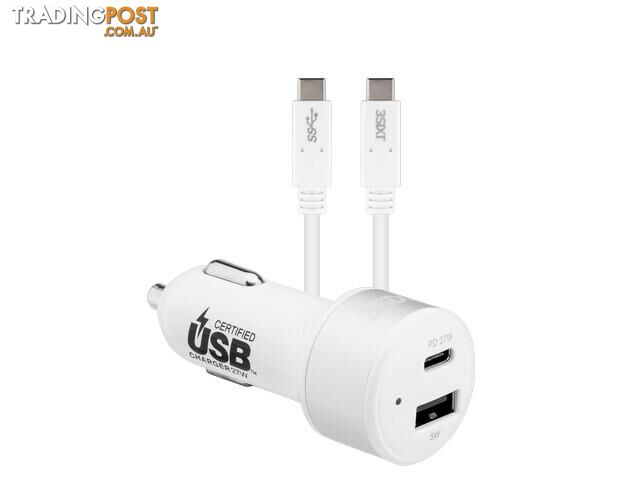 3SIXT Car Charger 27W USB-C PD + USB-C/C Cable 1m - White