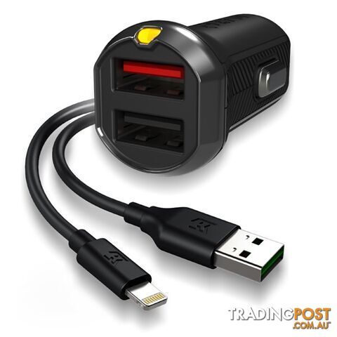EFM Car Charger 3.4A Dual USB With MFi Lightning Cable - Black