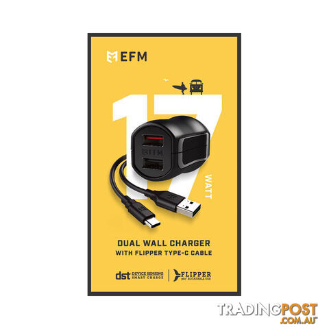 EFM Dual USB Rapid Wall Charger 3.4A With Type C Cable - Black