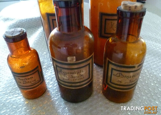 Five Antique Victorian Brown Chemists Bottles With Original Corks