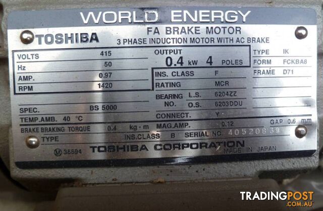 NEW TOSHIBA 3 PHASE INDUCTION MOTORS WITH AC BREAK, 4KW, 1420RPM - photo 3 of 5