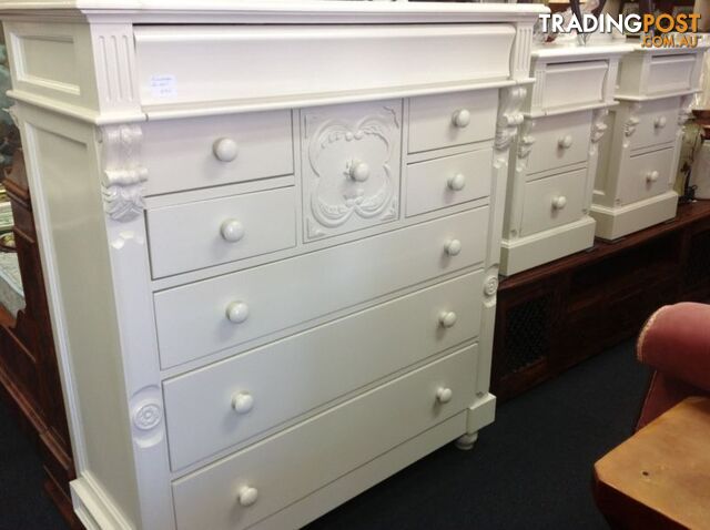 White tall boy dresser, also avail matching sides and queen bed