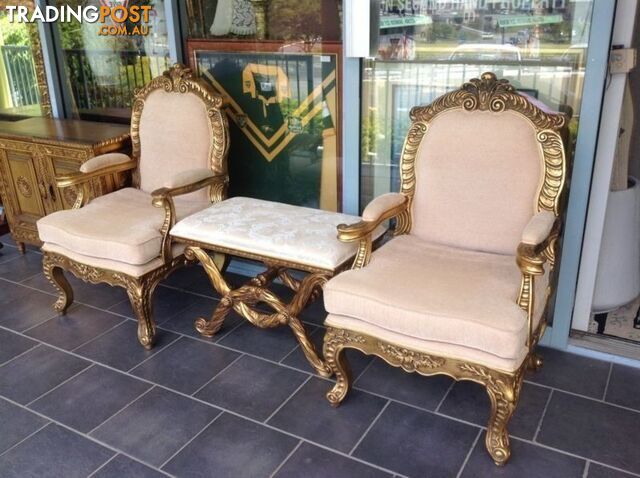 Gold ornate 3 piece armchair and matching stool. Quality reduced