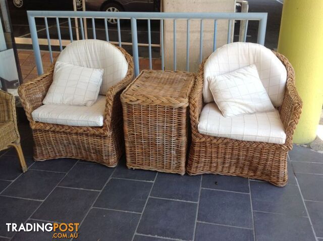 Real wicker cane outdoor chairs and side table