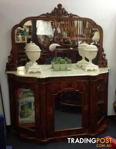 Berl timber buffet marble top and ornate carved timber mirror