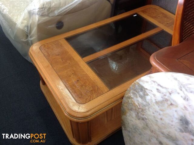 Burl wood laminated timber table with glass - now $65