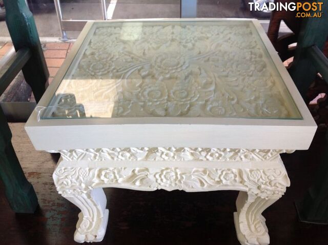 White coffee table side table hand carved hardwood