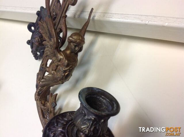Pair brass wall mounted candle holder angels c1890 - photo 4 of 9