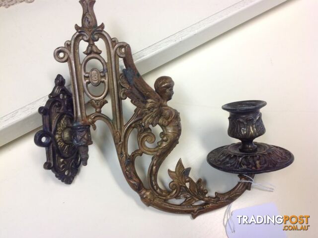 Pair brass wall mounted candle holder angels c1890 - photo 3 of 9