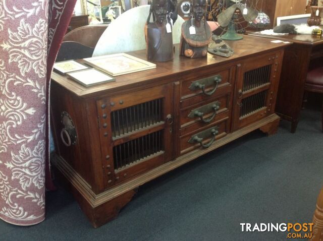 Solid teak buffet table. Chunky wrought iron handles