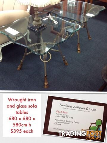 Sofa tables - pretty beveled glass and wrought iron hoof feet
