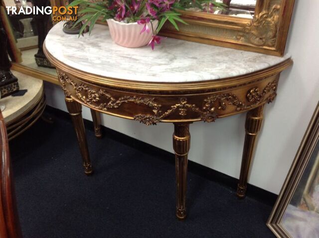 Marble top hall table, 1/2 round, gold ornate timber legs