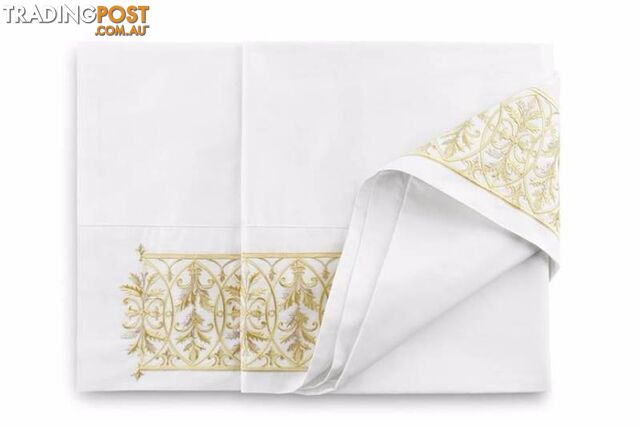 NEW Queen Size Flat Sheet, pewter and gold embroidery, 100% cotto