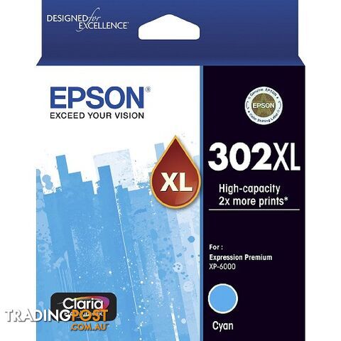 Epson 302XL C13T01Y292 Cyan Ink High Capacity for Expression Photo XP6000 XP6100 - Epson - Epson 302XL Cyan - 0.20kg