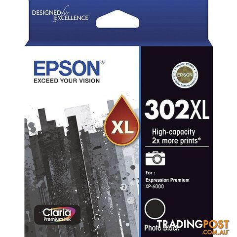 Epson 302XL C13T01Y192 Photo Black Ink High Capacity for Expression Photo XP6000 XP6100 - Epson - Epson 302XL Photo  BLACK - 0.20kg