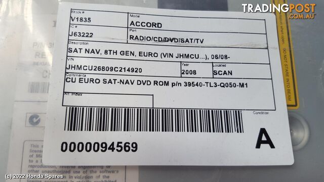 2008 HONDA - ACCORD Radio/Cd/Dvd/Sat/Tv