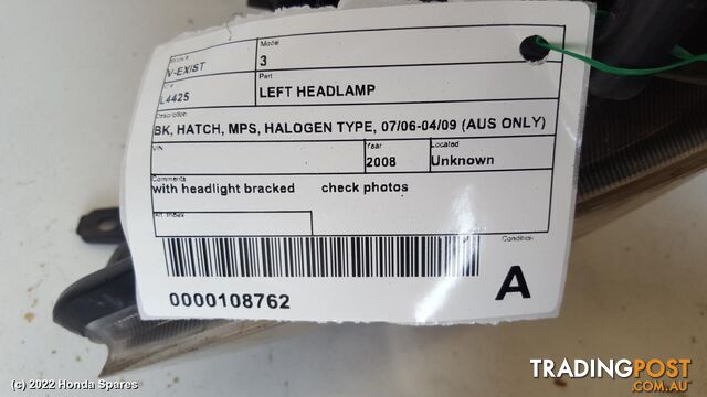 2008 MAZDA - 3 Left Headlamp