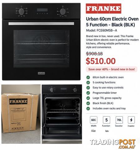Brand New FRANKE Urban 60cm Electric Oven – 5 Function – Black $510 – Brand New...