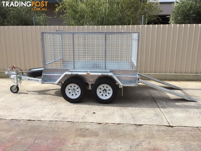  - 8X5 HEAVY DUTY COMMERCIAL TANDEM GALVANISED CAGED TRAILER, BRAKES AND RAMPS