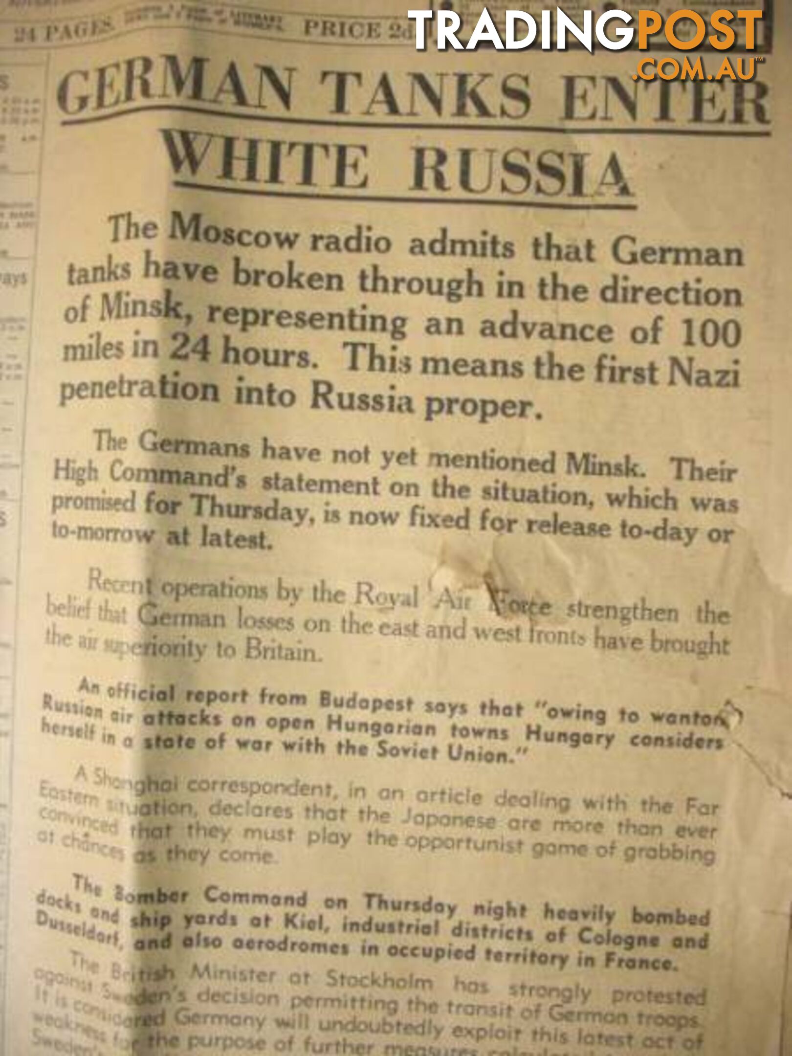 THE AGE 29TH JUNE 1941 GERMAN TANKS ENTER WHITE RUSSIA FRONT PAGE