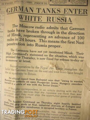 THE AGE 29TH JUNE 1941 GERMAN TANKS ENTER WHITE RUSSIA FRONT PAGE